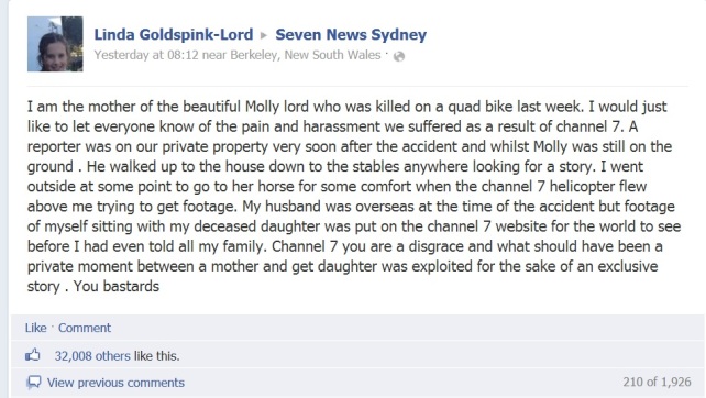 Molly Lord's mother, Linda Goldspink-Lord, took to posting on Network Seven's Facebook wall to express her disgust over their conduct during the worst time of her life.